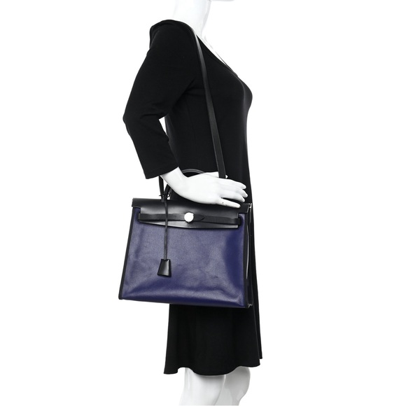 HERMES Berline Vache Hunter Herbag Zip PM 31 Black Bleu Encre Coated Canvas RARE - Picture 3 of 14